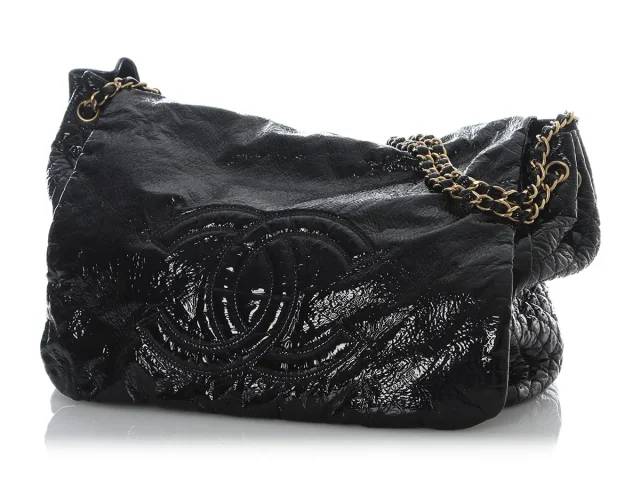 Chanel XL Black Vinyl Rock and Chain Flap in Black Satin from Ann's Fabulous Finds, photo 3 of 10