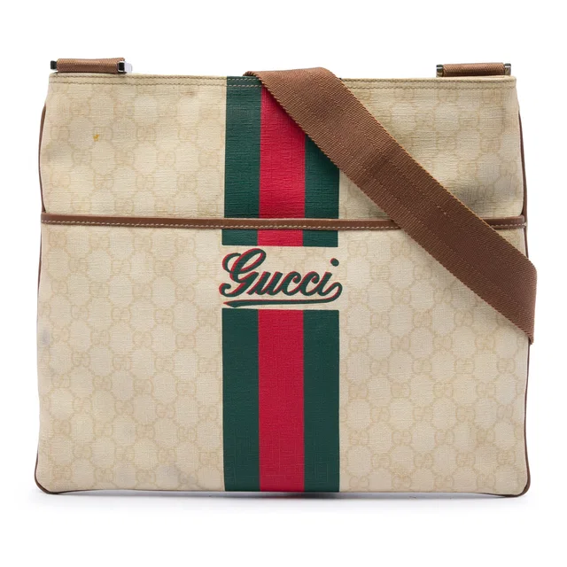 White Gucci GG Supreme Web Logo Crossbody in White Coated canvas from Designer Revival