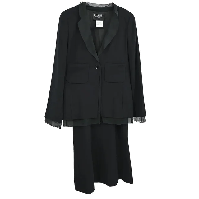 Chanel 1998 Setup Suit Jacket Skirt Black #36 in Black Wool from AMORE Vintage Tokyo