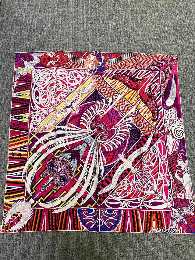 Hermès Silk 90-12 – Vivid Abstract Swirls in Magenta, Orange, and Pink in Pink Silk from Luxury Promise