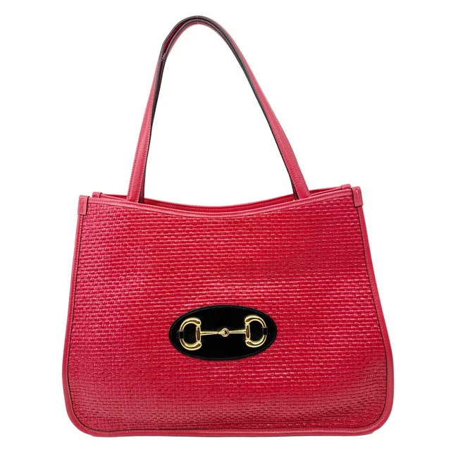 Gucci Horsebit 1955 Medium Raffia Leather Tote Bag Red 623694 in Red Raffia from Dallas Designer Handbags