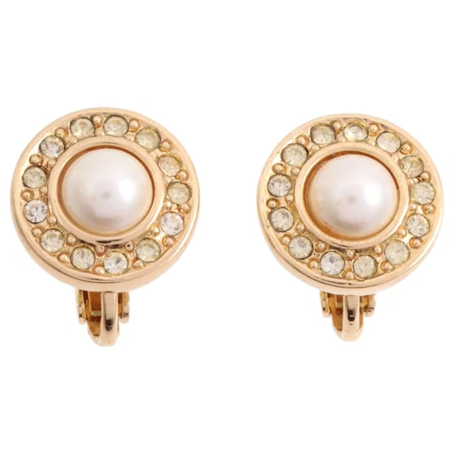 Dior Rhinestone Pearl Round Earrings Gold in Gold from VINTAGE QOO TOKYO