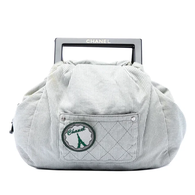 Gray Chanel Striped Canvas Coco Paris Handbag in Grey Canvas from Designer Revival