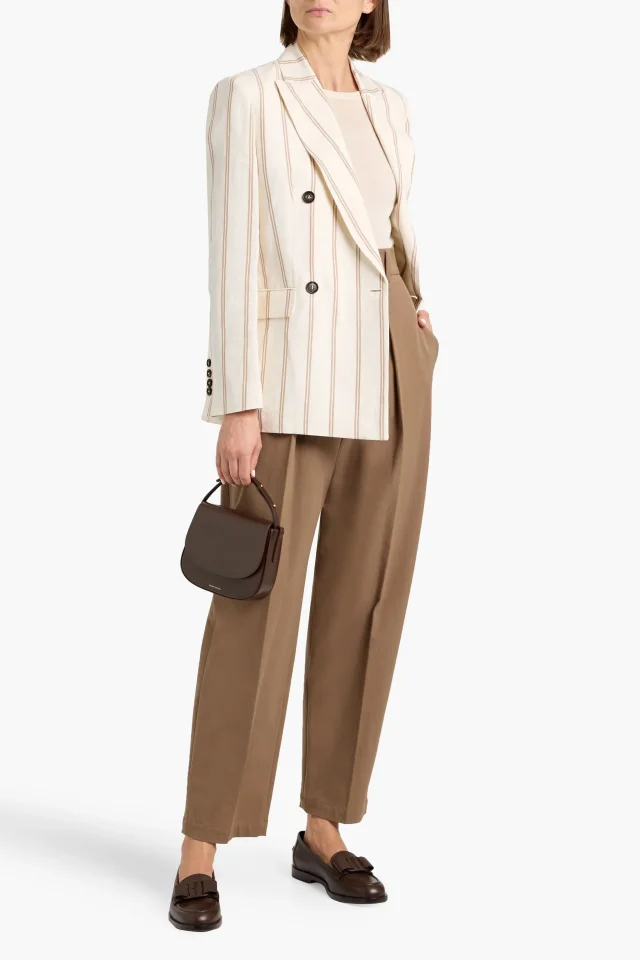 Brunello Cucinelli Striped Linen and Cotton-Blend Double-Breasted Blazer in White, photo 2 of 4 from THE OUTNET