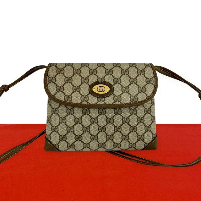 Gucci Vintage GG Logo Leather Shoulder Bag Pochette Crossbody Brown in Brown Leather from The Reluxe