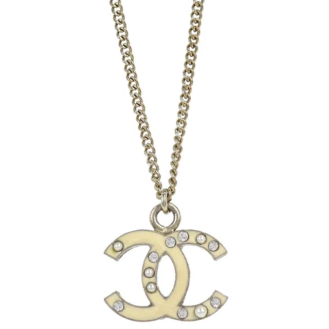 Chanel Rhinestone Costume Pearl Gold Ivory CC Necklace 07A in White from AMORE Vintage Tokyo