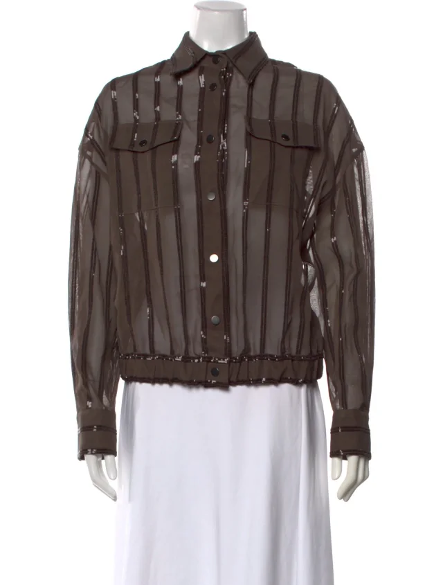 Brunello Cucinelli Striped Long Sleeve Button-Up Top w/ Tags in brown|red from The RealReal
