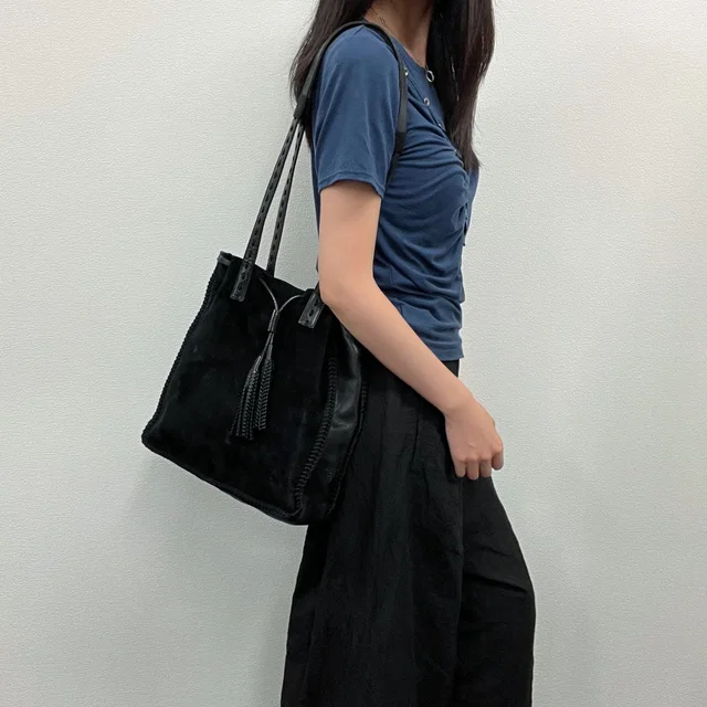 Prada Tassel Drawstring Shoulder Bag Suede Leather Black Vintage in Black Suede from The Reluxe