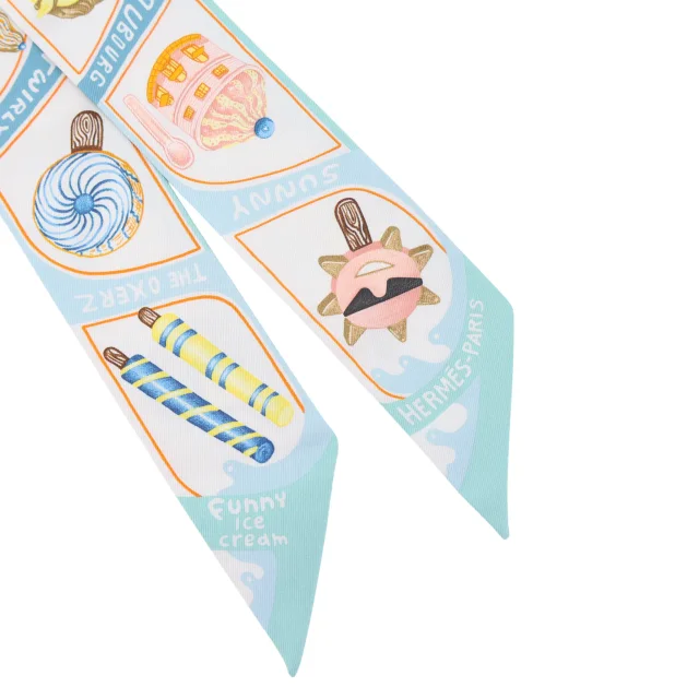 Hermès Twilly Funny Ice Cream Blue in White Silk from Ginza Xiaoma, photo 3 of 4