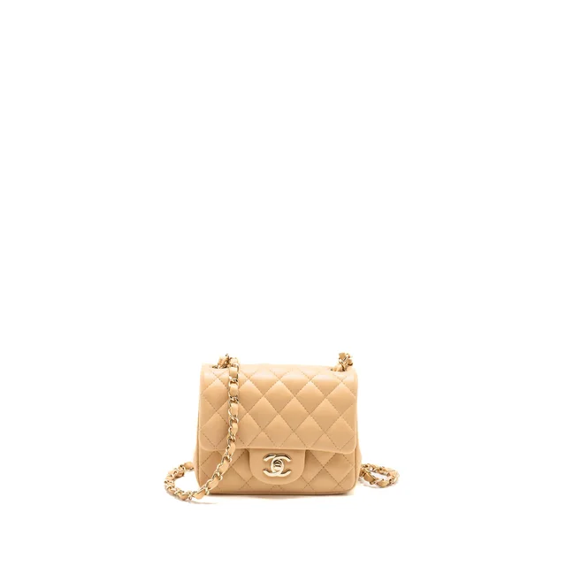 Chanel Mini Square Flap Bag Lambskin Beige LGHW (Microchip) in Beige Lambskin from EMIER