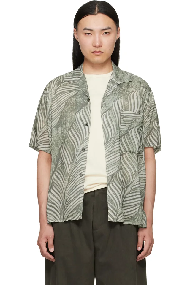 YOKE Green Leaf Pattern Printed Rayon Open Collar Shirt, image 1 of 1 from SSENSE