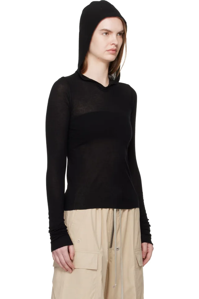 Rick Owens Black Temple Cropped Rib LS Hoodie, photo 2 of 4 from SSENSE