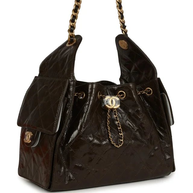 Chanel Small 25 Hobo Bag Khaki Shiny Aged Crumpled Calfskin Antique Gold Hardware in Green Calfskin from Madison Avenue Couture, photo 2 of 9