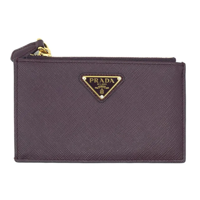 Prada Saffiano Triangle Card Case Coin Leather Bordeaux Burgundy Gold in Burgundy Saffiano leather from The Reluxe