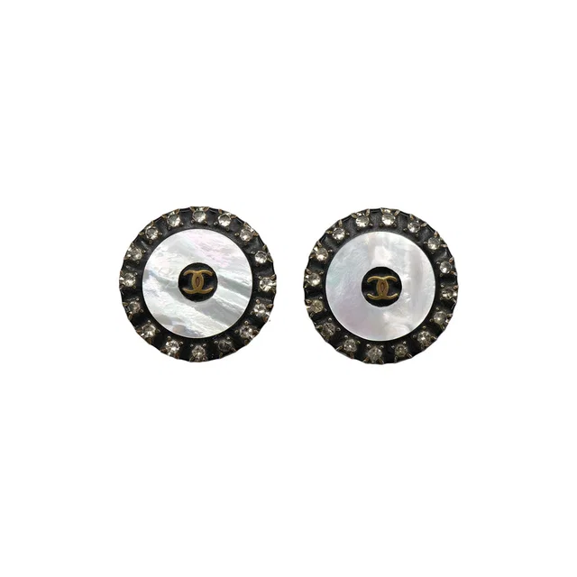 Chanel Vintage Cocomark Earrings Rhinestone Black White Accessory 97A in Black from Luxury Promise