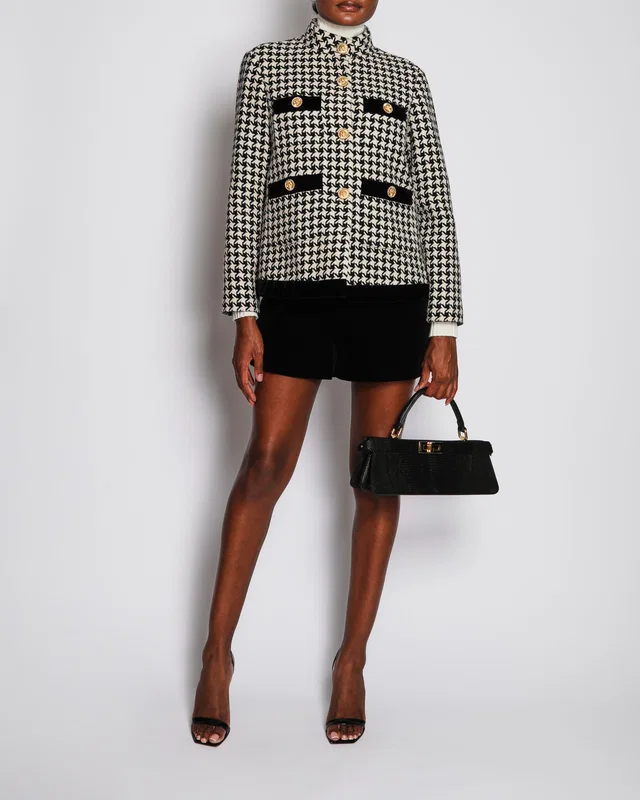Gucci Houndstooth Black and White Jacket with Gold Detailing on Button Size IT 42 (UK 10) in Black Wool from Sellier