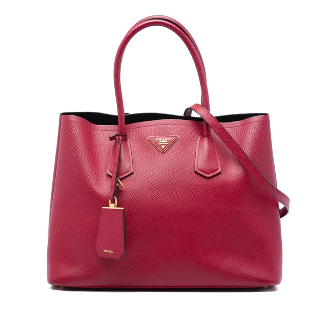 Red Prada Large Saffiano Cuir Double Satchel in Red Saffiano leather from Designer Revival