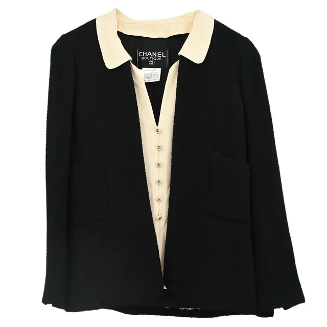 Chanel 1998 Tweed Jacket Black Beige #36 in Black Tweed from AMORE Vintage Tokyo