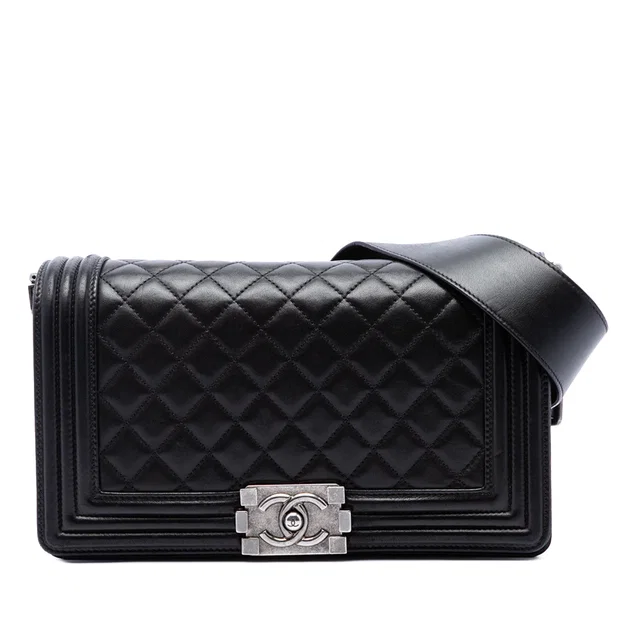 Black Chanel Old Medium Quilted Lambskin Boy Flap Crossbody Bag in Black Lambskin from Designer Revival