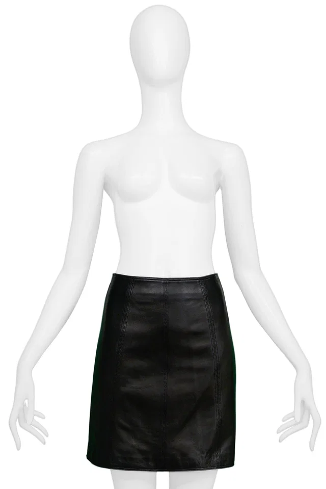 Versace BLACK LEATHER MINI SKIRT 1990s in Black Leather from Resurrection Vintage