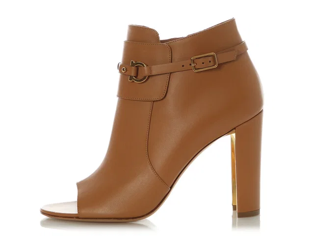 Ferragamo Tan Open-Toe Booties in Brown Leather from Ann's Fabulous Finds