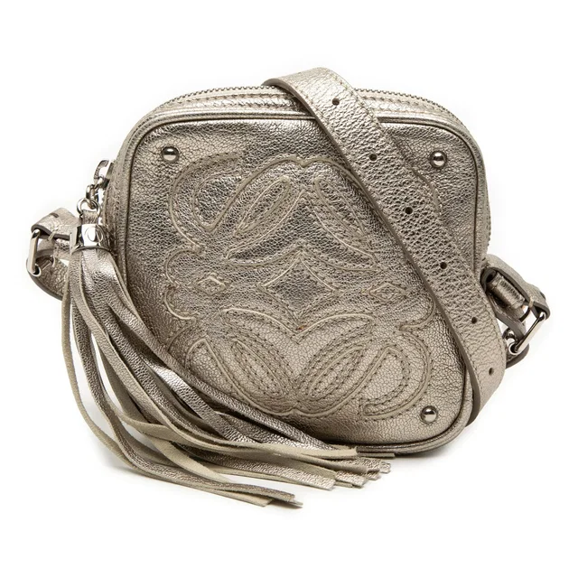 Silver LOEWE Mini Metallic Goatskin Anagram Tassel Crossbody in Silver Goatskin from Designer Revival