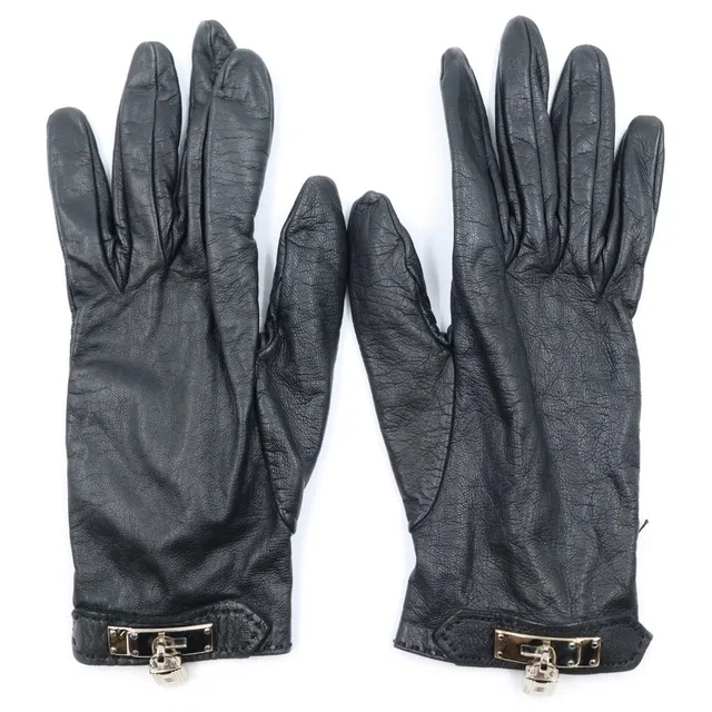 Hermès Soya Gloves Leather Silver Black in Black Leather from The Reluxe