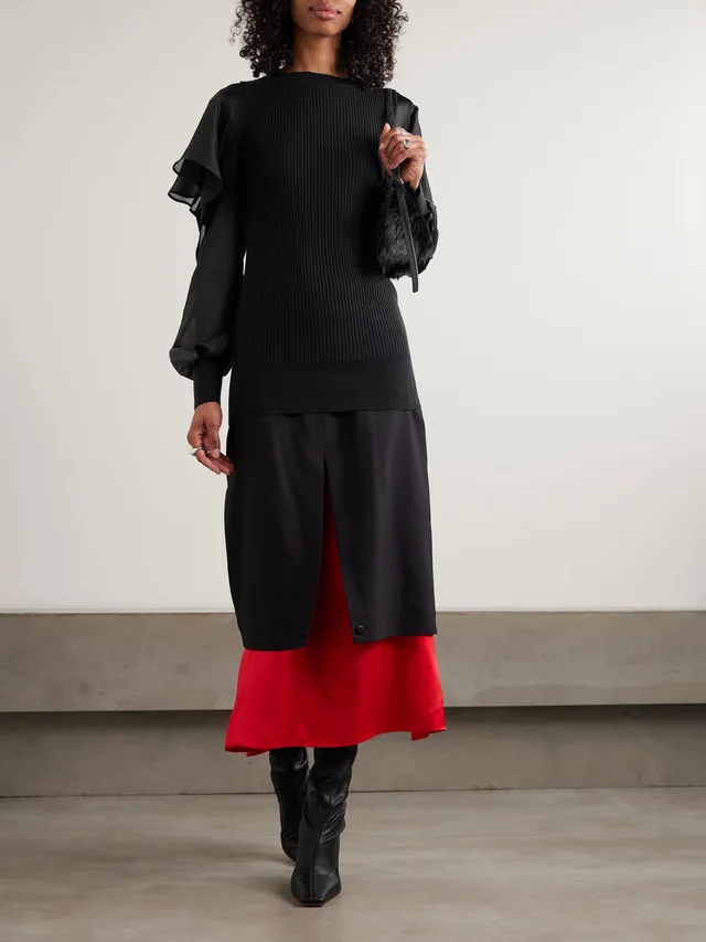 SACAI Ribbed cotton and ruffled chiffon top in Black, photo 2 of 2 from NET-A-PORTER (Canada)