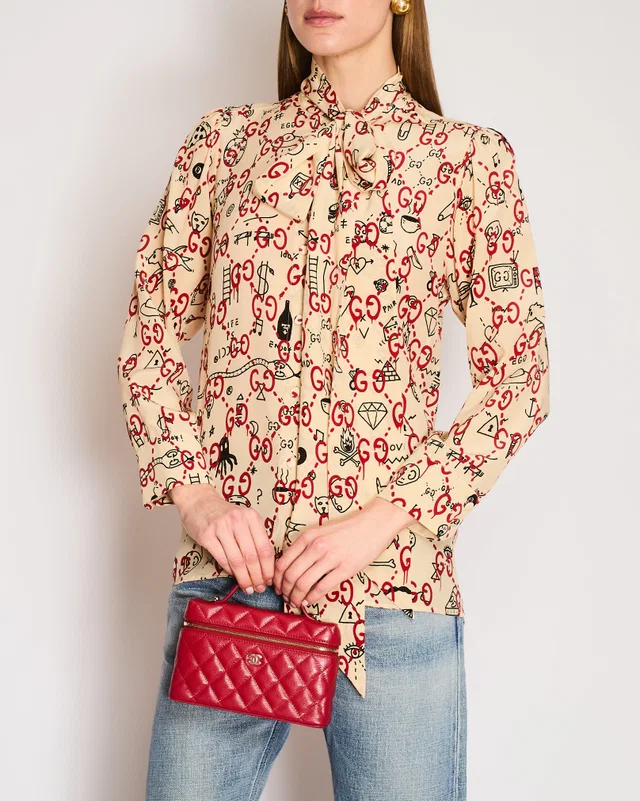 Gucci Ghost Beige Silk Shirt with Red and Black Logo Graphic Print and Neck Tie Size IT 42 (UK 10) in Black Silk from Sellier
