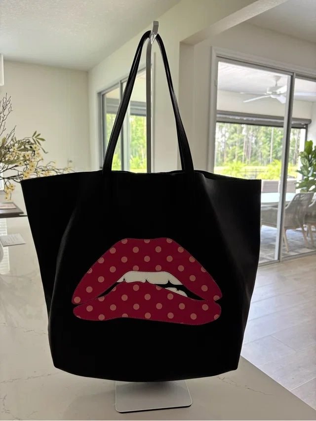 REDValentino Black Tote Bag With Red Polka Dot Lips Graphic in black|red Leather from Poshmark