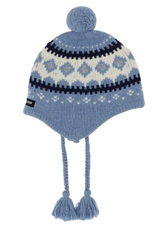 Miu Miu Hat Fair Isle Knit Beanie — Blue Exterior: Virgin Wool Winter Hats in Blue Wool from HEWI