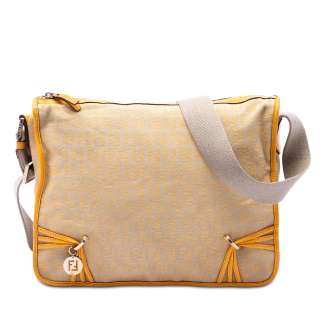 Beige Fendi Zucchino Canvas F Charm Crossbody in Beige Canvas from Designer Revival