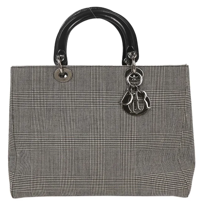 Black Canvas Large Lady Dior Houndstooth Handbag in Black Canvas from AMORE Vintage Tokyo