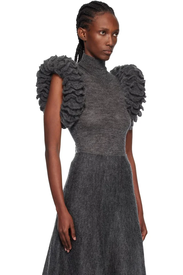 ALAÏA Gray Mohair Knit Sculptural Ruffle Bodysuit, photo 2 of 4 from SSENSE