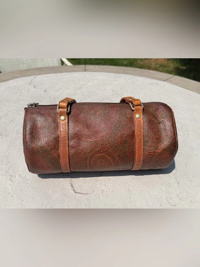 Etro Brown Paisley-Textured Barrel Shoulder Bag With Tan Straps in brown|red|neutral Leather from Poshmark