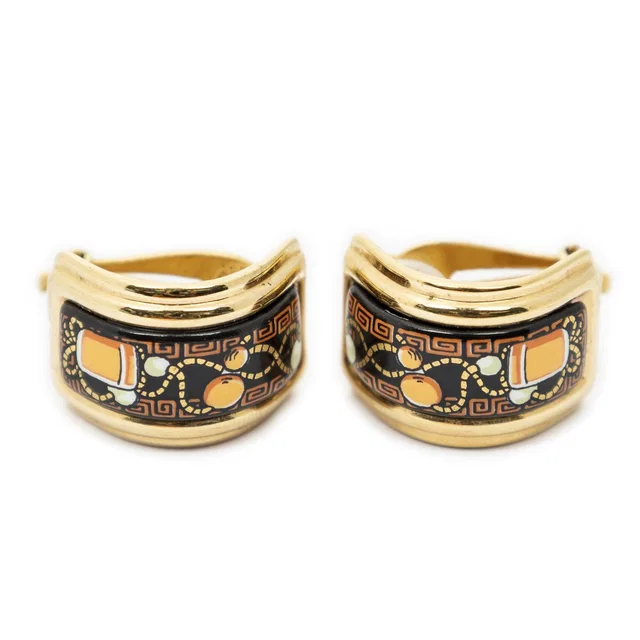 Hermès Enamel Clip On Earrings Black Orange Gold Plated in Black from The Reluxe