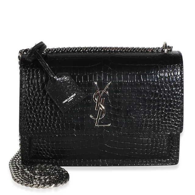 Saint Laurent Black Croc Embossed Calfskin Medium Monogram Sunset Bag in Black Calfskin from myGemma