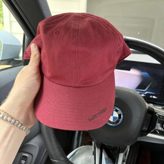 Balenciaga Men's Caps - Red/Burgundy in red from Depop, photo 1 of 1