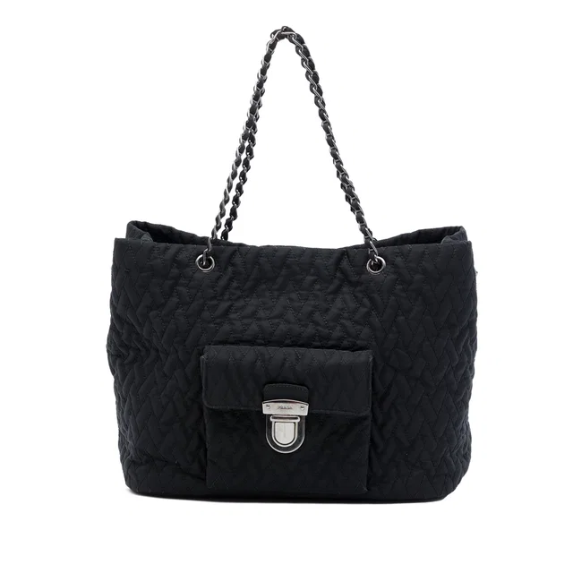 Black Prada Impuntu Tessuto Chain Tote Satchel in Black Woven leather from Designer Revival