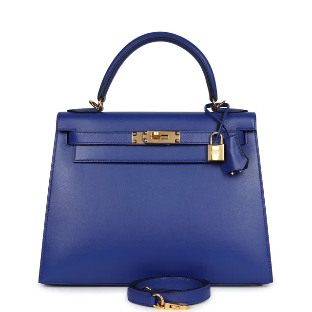 Hermès Kelly Sellier 28 Bleu Electric Tadelakt Gold Hardware in Blue Goatskin from Madison Avenue Couture