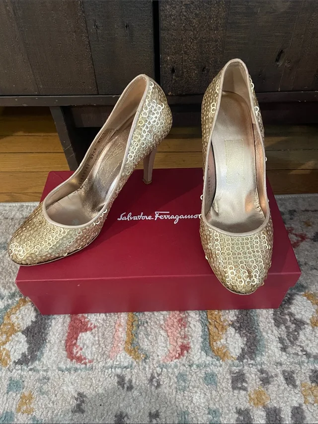Ferragamo Gold Sequin Pointed Toe Pumps in brown|neutral|gold from Poshmark