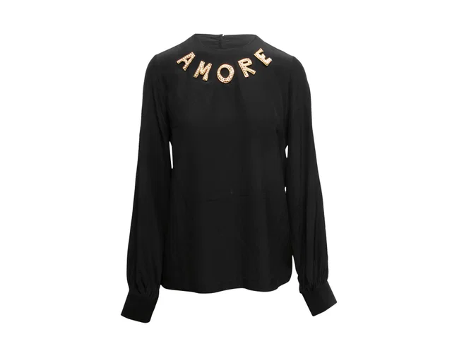 Black Dolce & Gabbana Silk Faux Pearl-Embellished Top Size IT 40 in Black Silk from Designer Revival