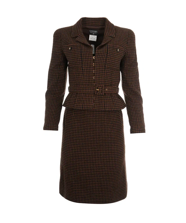 Chanel Coco Button Houndstooth Tweed Suit Jacket Skirt 96A Brown in Brown Tweed from Luxury Promise