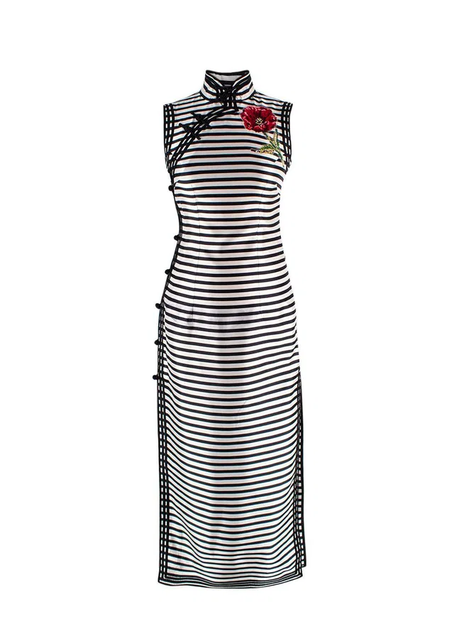 Dolce & Gabbana Black and White Mandarin Collar Striped Silk Dress in Black Silk from HEWI