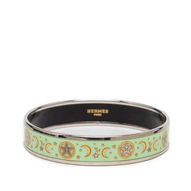 Green Hermès Narrow Enamel Moon and Stars Bangle 70 Costume Bracelet in Green from Designer Revival