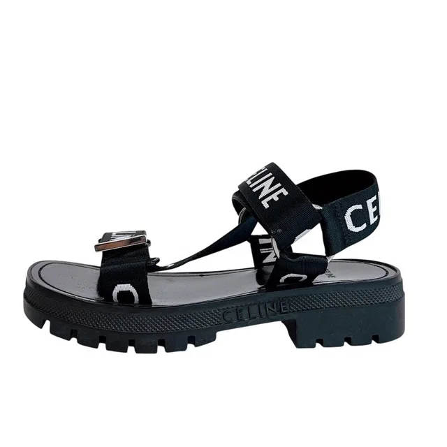 Celine Velcro Leo Strappy Fabric Sandals Black in Black Leather from The Reluxe