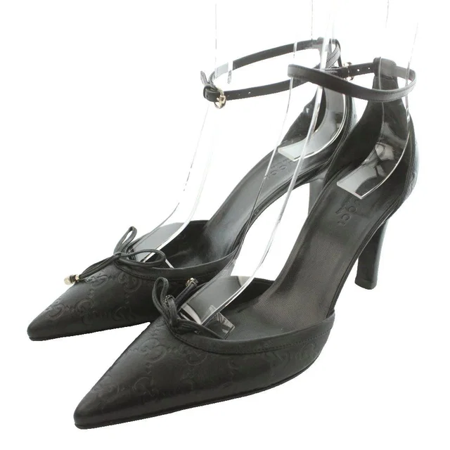 Gucci High Heels Pumps GG Pattern Ribbon Motif Ankle Strap Guccissima Leather in Leather from The Reluxe