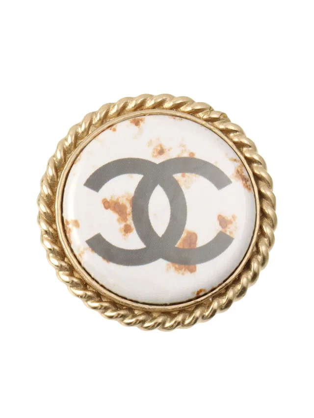 Chanel 2008 Round CC Mark Brooch Gold/White in White from VINTAGE QOO TOKYO