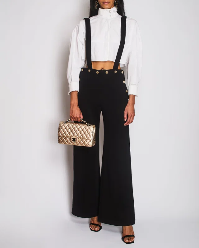 Chanel Black Wide-Leg Trousers with Cross Strap and CC Button Detail Size FR 36 (UK 8) in Black from Sellier