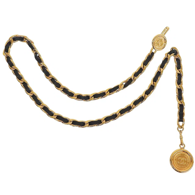 Chanel CC mark coin motif chain belt Black/Gold in Black Leather from VINTAGE QOO TOKYO
